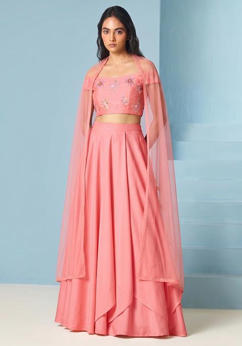 Soft Pink Embroidered Chanderi Lehenga Set
