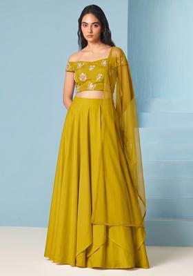 Lime Green Embroidered Chanderi Lehenga Set