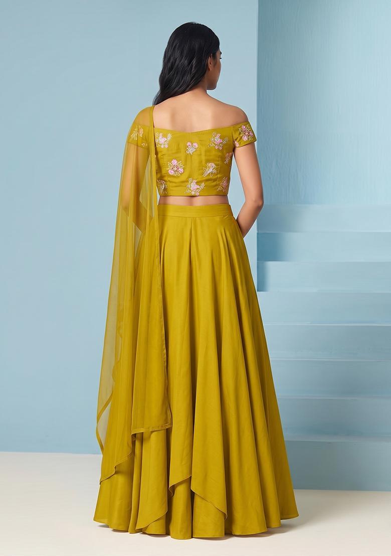 Lime Green Embroidered Chanderi Lehenga Set - Indya