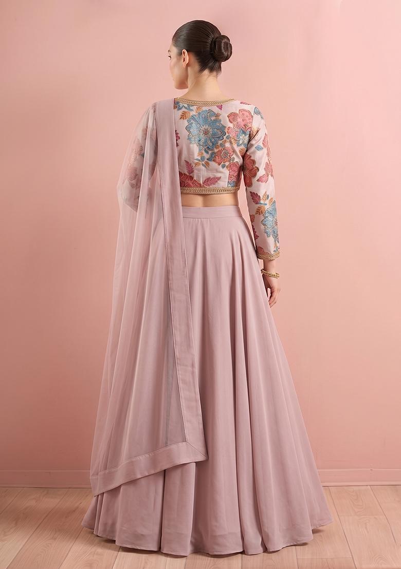 Pastel Pink Printed Organza Lehenga Set - Indya