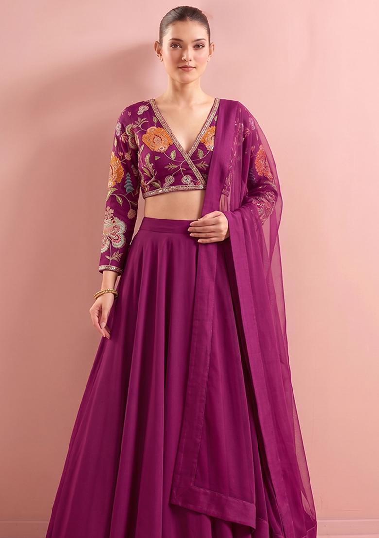 Magenta Printed Organza Lehenga Set - Indya