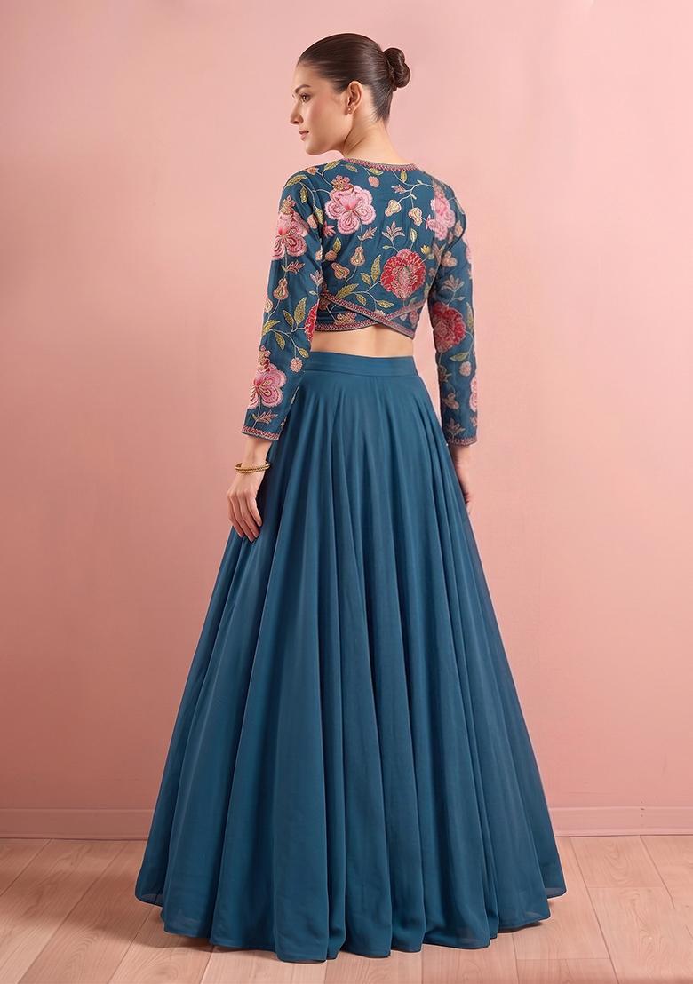Blue Printed Organza Lehenga Set - Indya