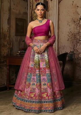 Dark Pink Printed Crepe Lehenga Set