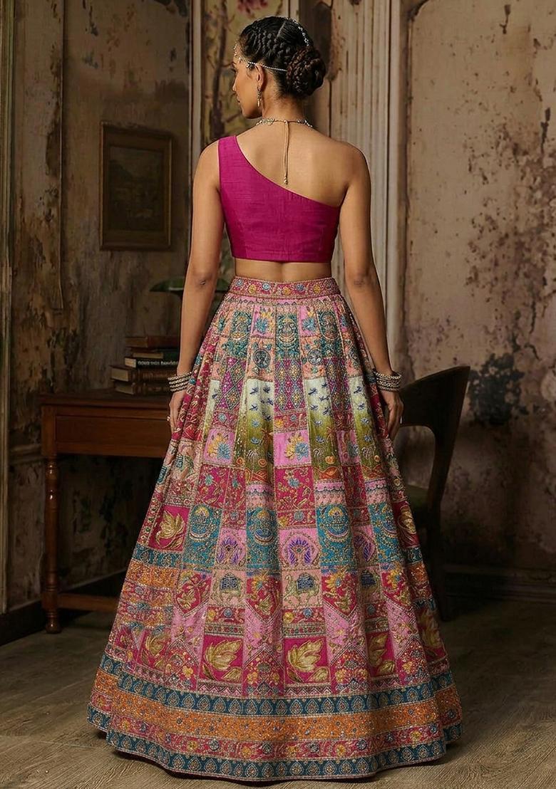 Dark Pink Printed Crepe Lehenga Set - Indya