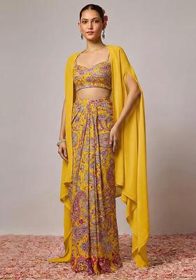 Yellow Printed Crepe Fusion Set