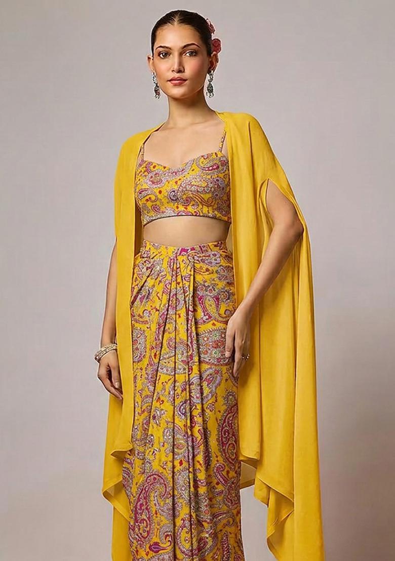 Yellow Printed Crepe Fusion Set - Indya