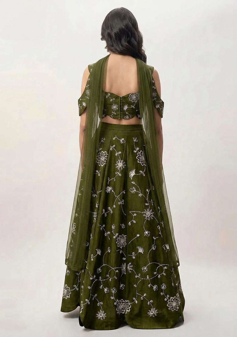 Dark Green Embroidered Silk Blend Lehenga Set - Indya
