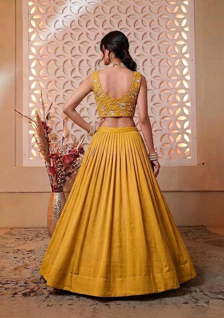 Mustard Yellow Embroidered Net Lehenga Set - Indya