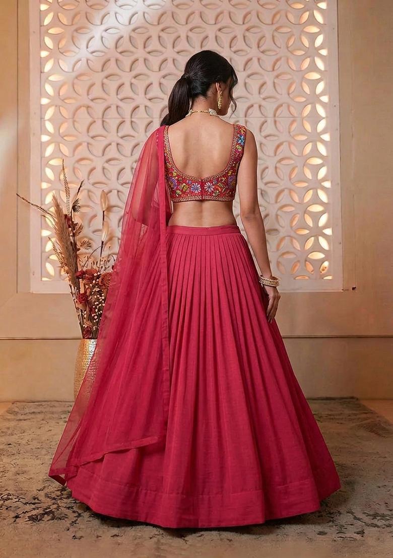 Red Printed Chinon Lehenga Set - Indya