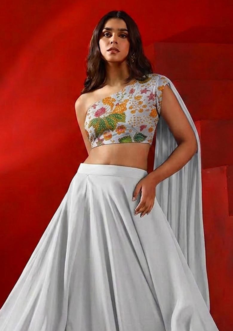 Off White Printed Organza Lehenga Set - Indya