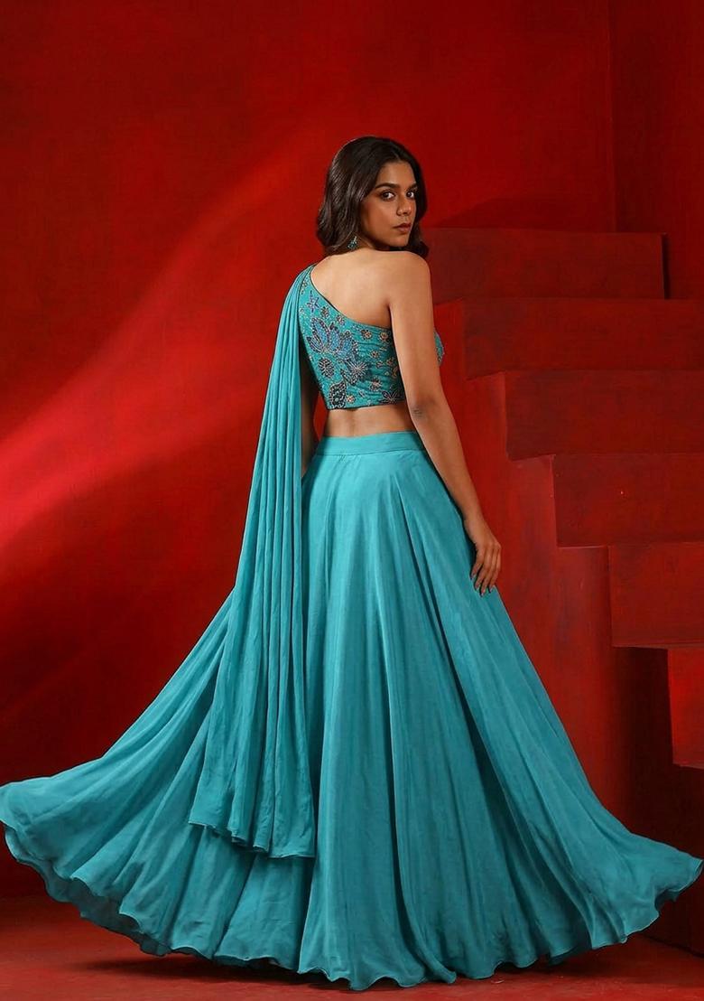 Blue Printed Organza Lehenga Set - Indya