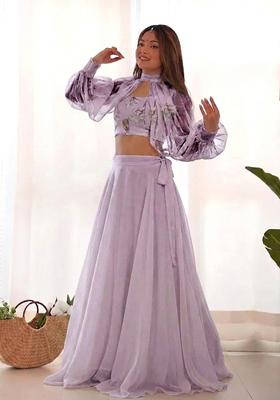 Lilac Printed Organza Lehenga Set
