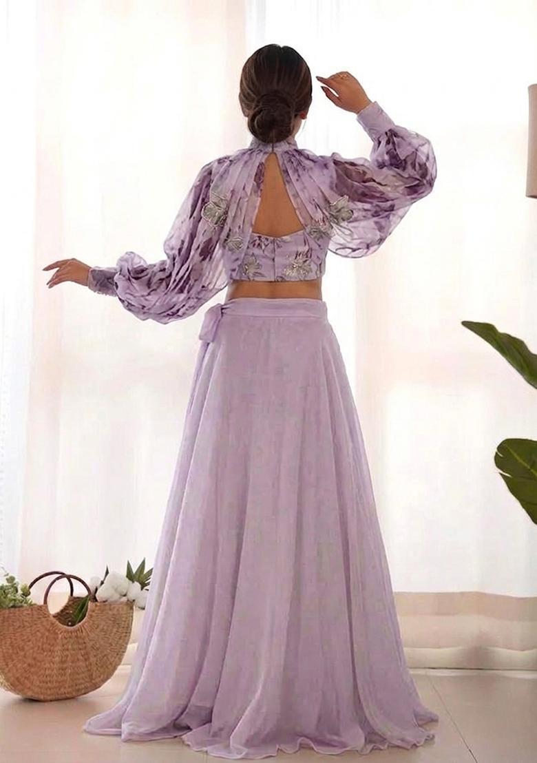 Lilac Printed Organza Lehenga Set - Indya