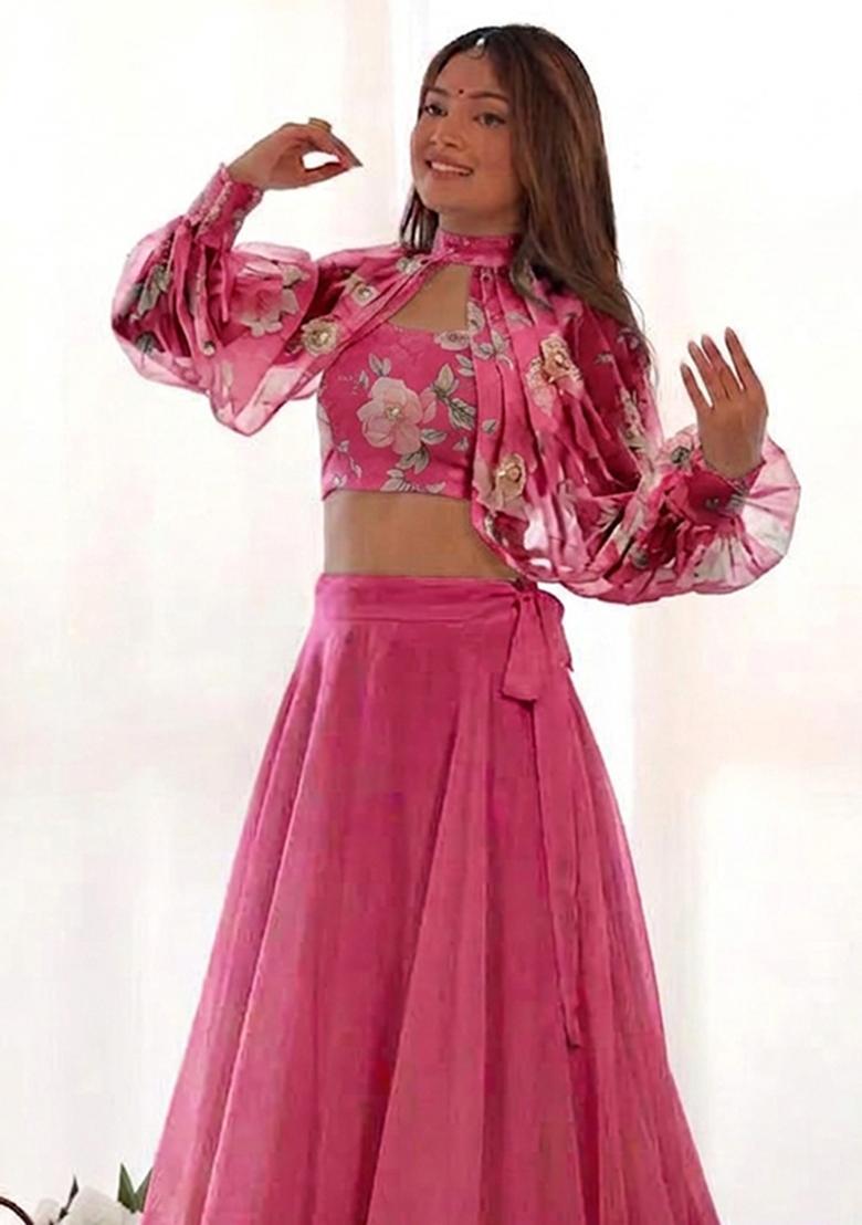 Pink Printed Organza Lehenga Set - Indya
