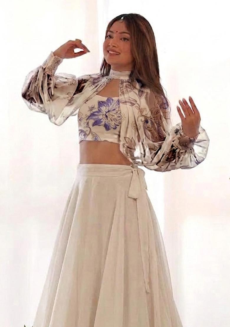 Cream Printed Organza Lehenga Set - Indya