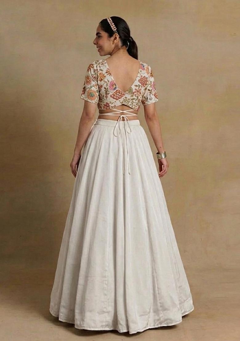 White Printed Crepe Lehenga Set - Indya