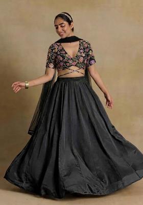 Black Printed Crepe Lehenga Set