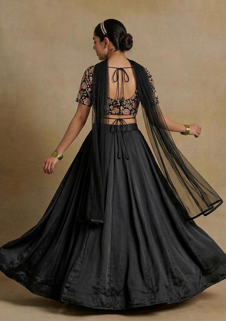 Black Printed Crepe Lehenga Set - Indya