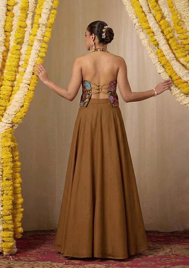 Brown Printed Crepe Lehenga Set - Indya