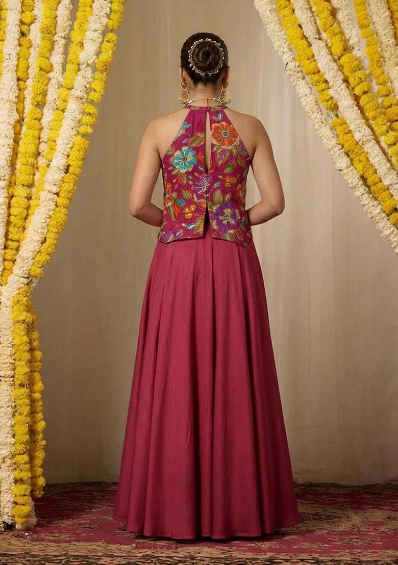 Dark Pink Printed Crepe Lehenga Set - Indya