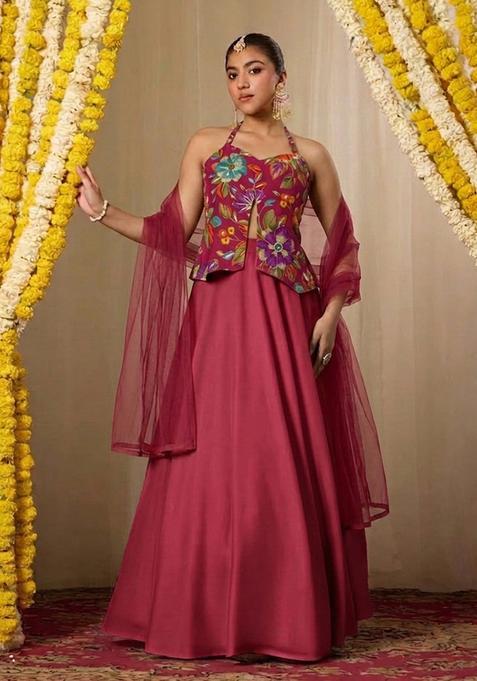 Dark Pink Printed Crepe Lehenga Set