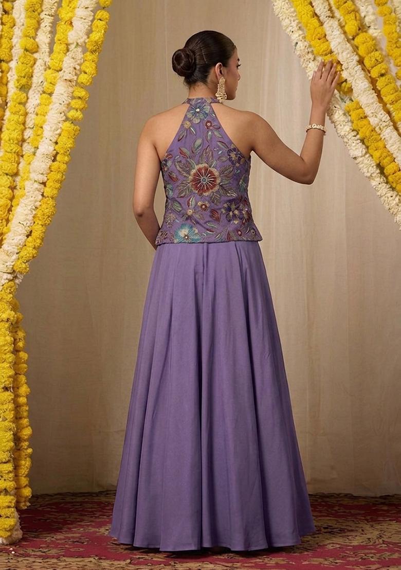 Purple Printed Crepe Lehenga Set - Indya