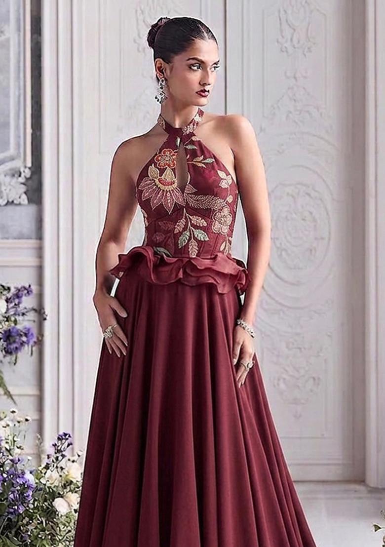 Maroon Embroidered Organza Lehenga Set - Indya