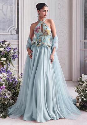 Powder Blue Embroidered Organza Lehenga Set