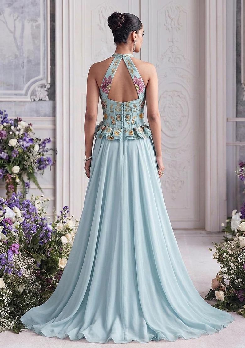 Powder Blue Embroidered Organza Lehenga Set - Indya