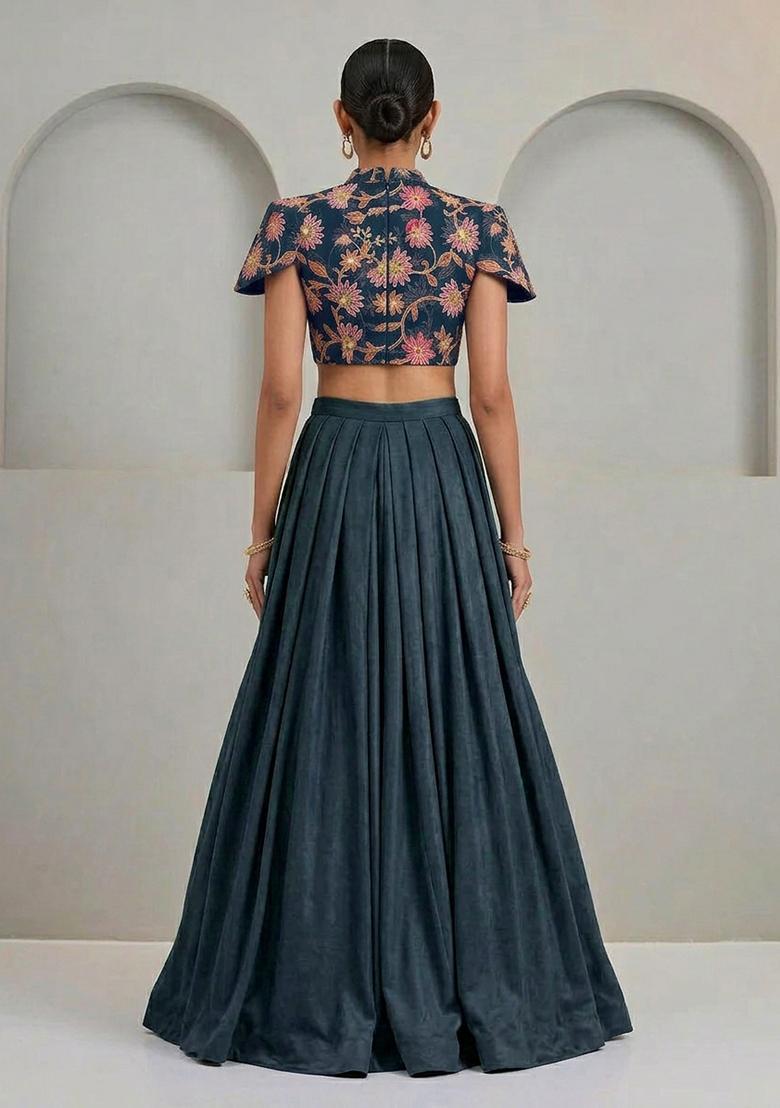 Deep Teal Sequin Organza Lehenga Set - Indya