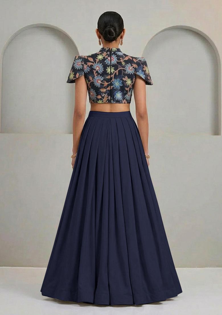 Midnight Blue Sequin Organza Lehenga Set - Indya