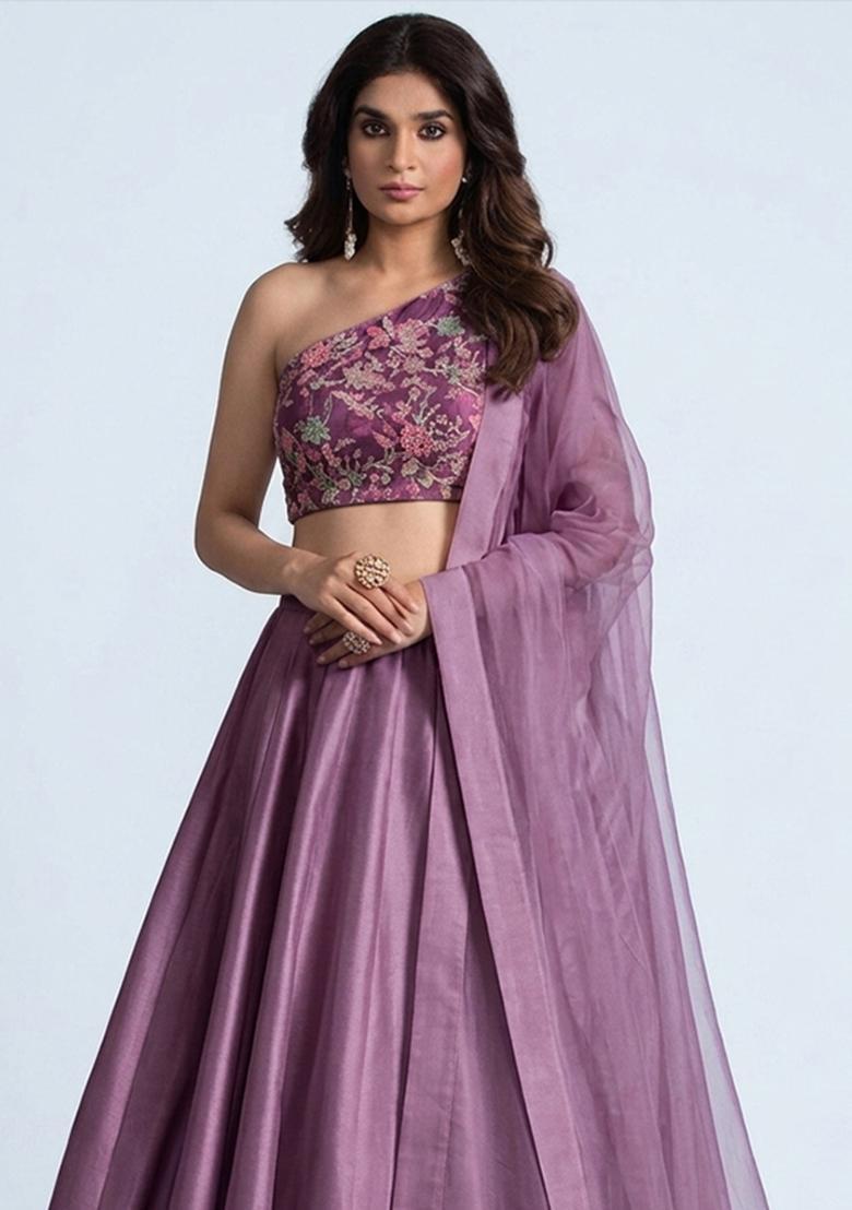 Lavender Printed Crepe Lehenga Set - Indya