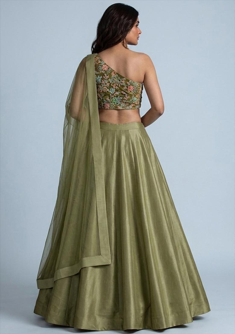 Henna Green Printed Crepe Lehenga Set - Indya