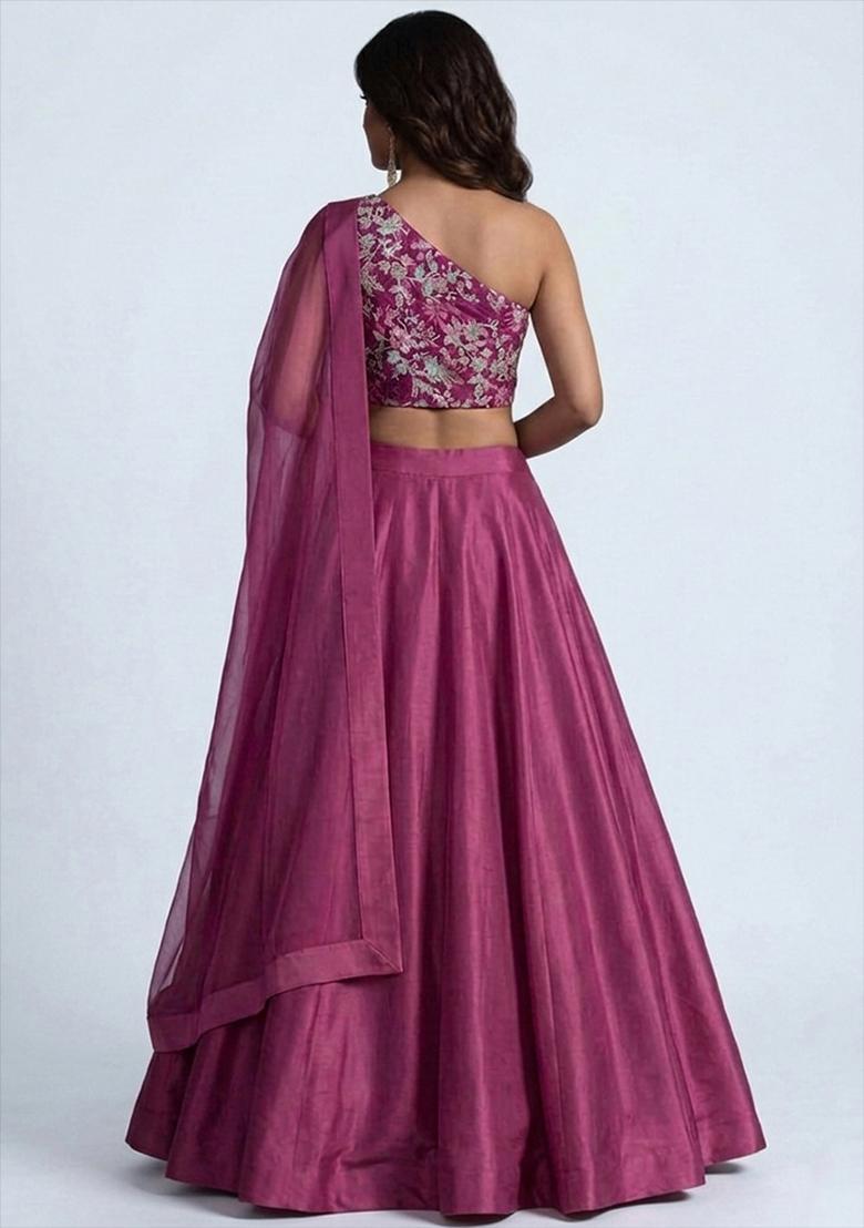 Dark Pink Printed Crepe Lehenga Set - Indya