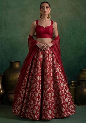 Deep Red Brocade Lehenga Set