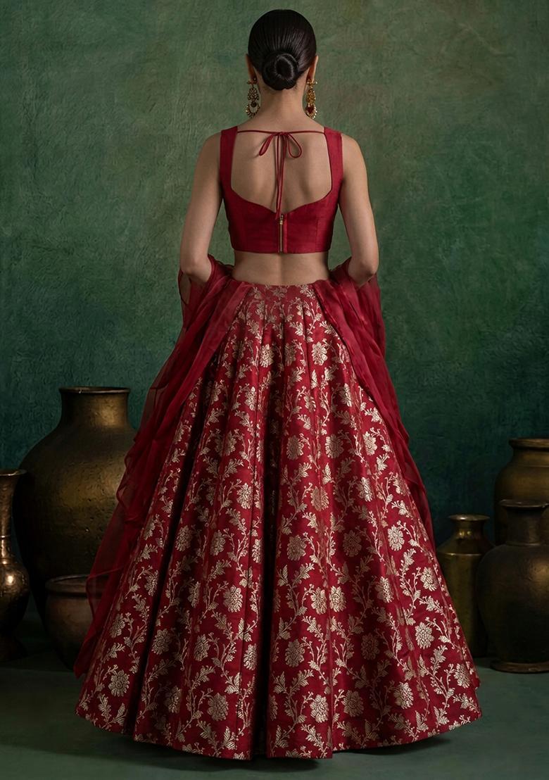 Deep Red Brocade Lehenga Set - Indya