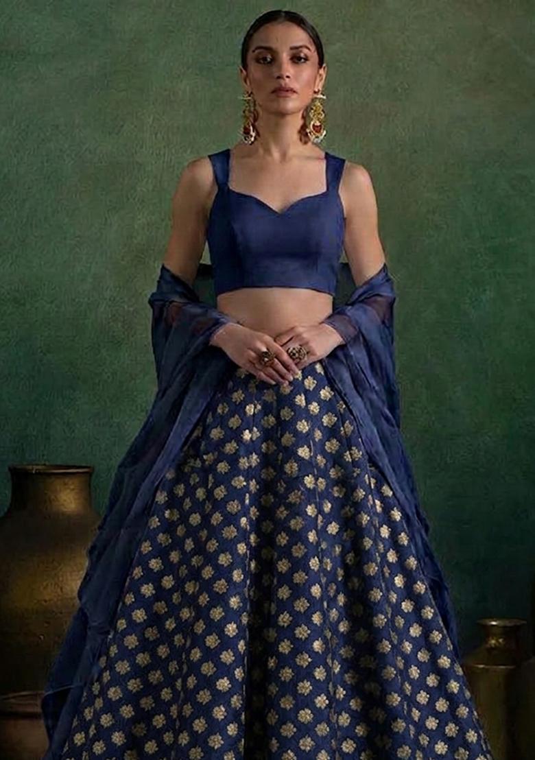 Navy Blue Brocade Lehenga Set - Indya