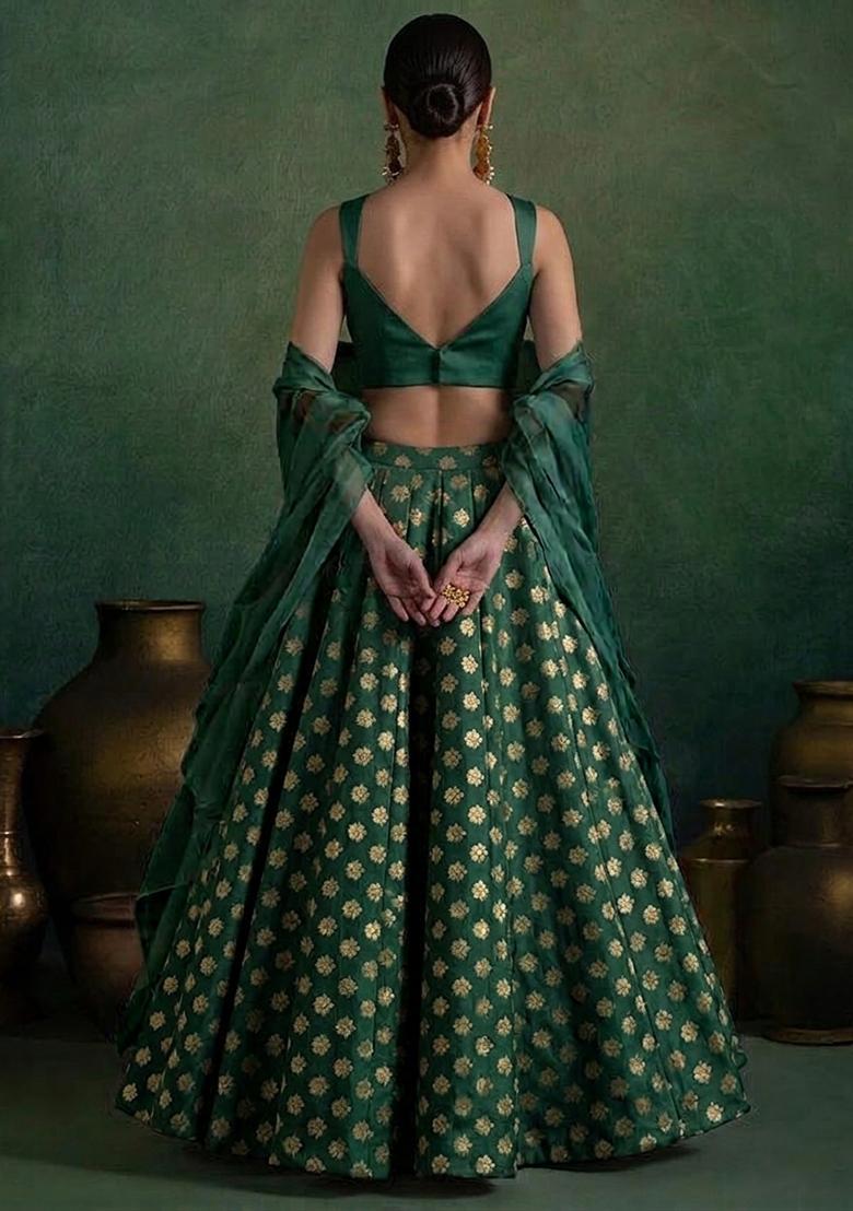 Dark Green Brocade Lehenga Set - Indya