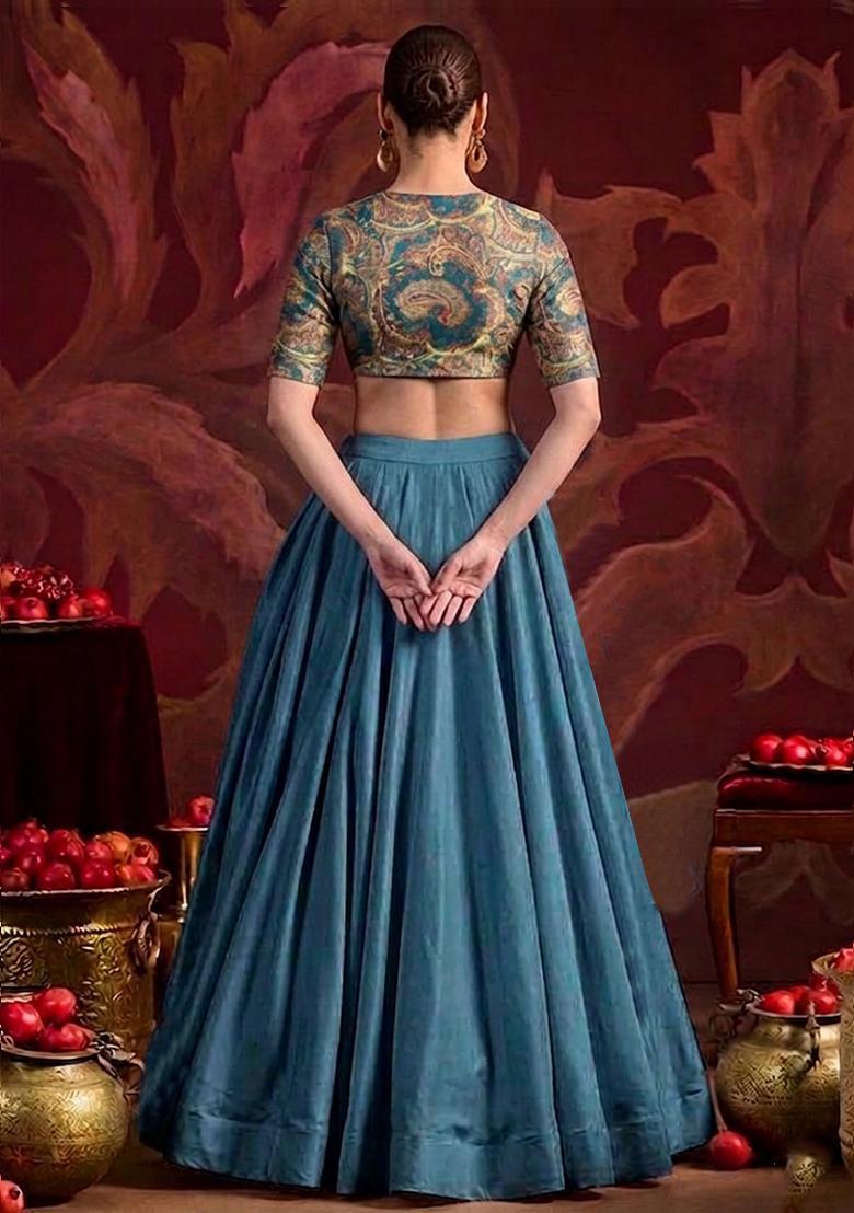 Blue Brocade Lehenga Set - Indya