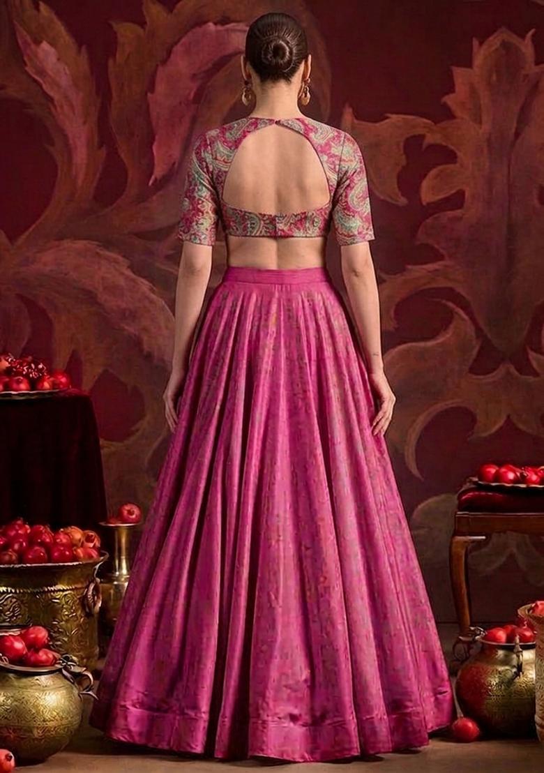 Dark Pink Brocade Lehenga Set - Indya
