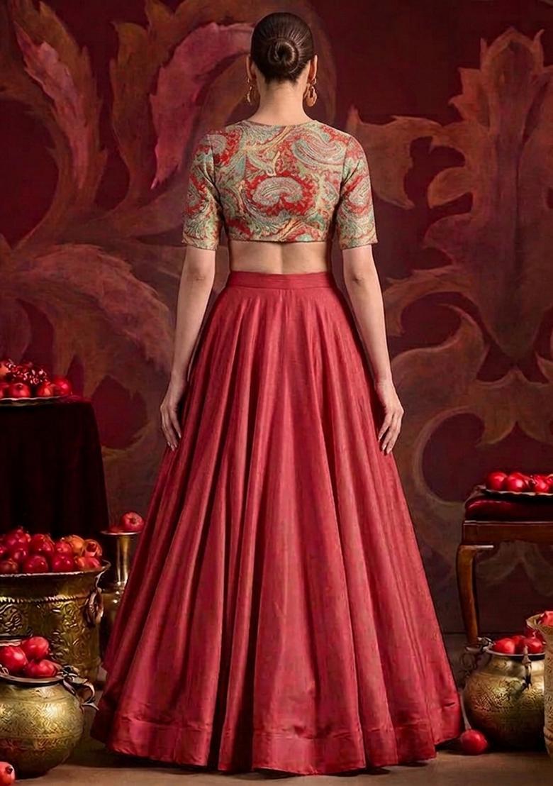 Red Brocade Lehenga Set - Indya