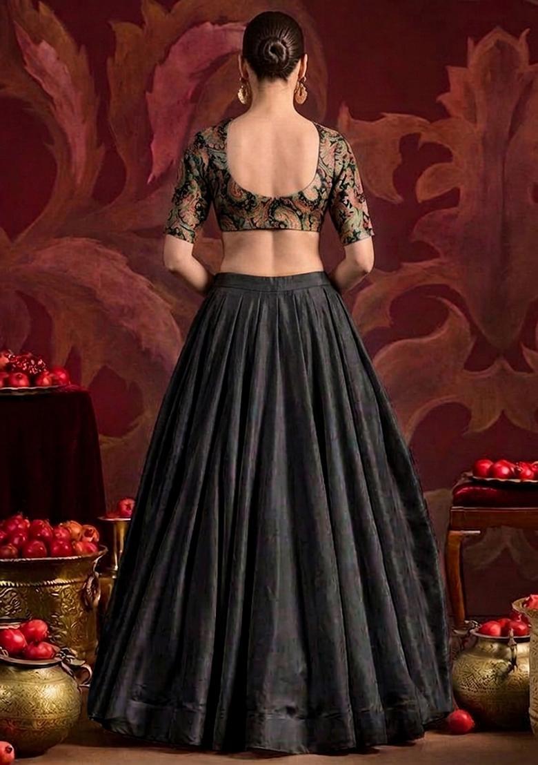 Black Brocade Lehenga Set - Indya