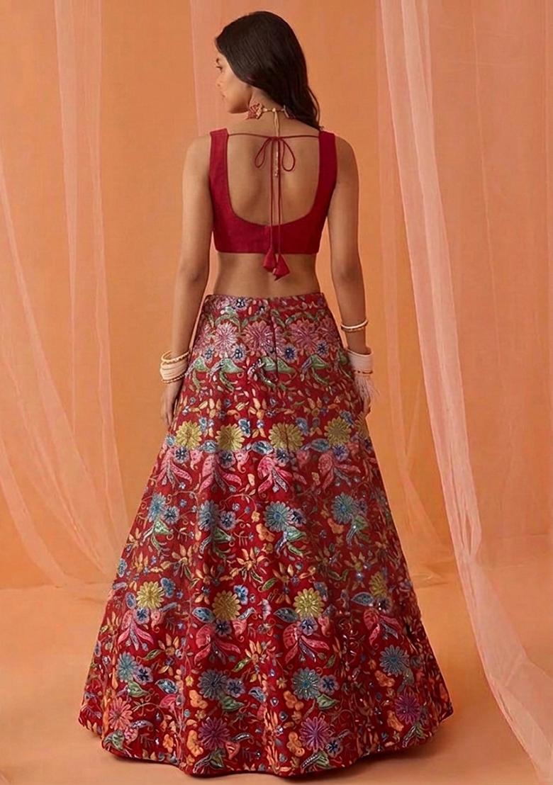 Red Printed Crepe Lehenga Set - Indya