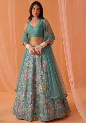 Teal Printed Crepe Lehenga Set