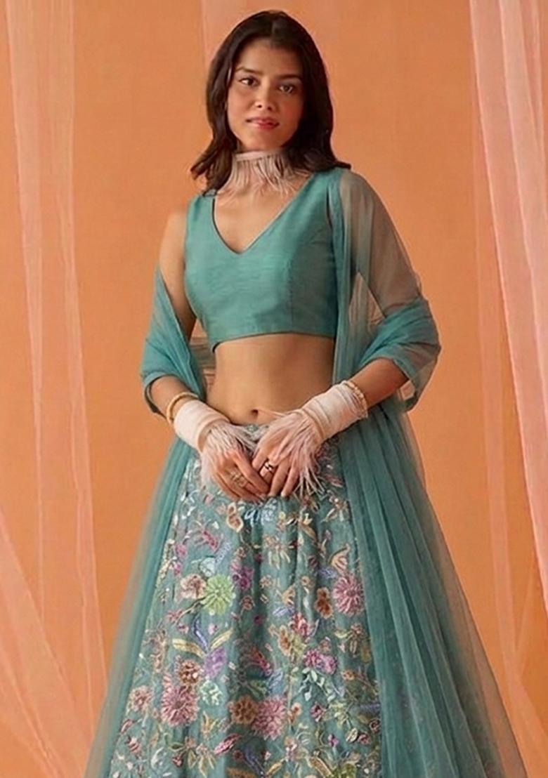 Teal Printed Crepe Lehenga Set - Indya