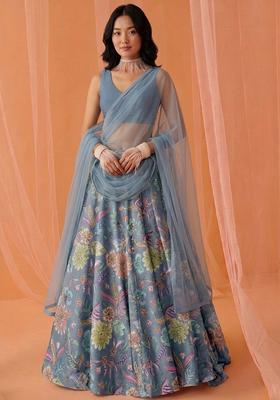 Pastel Blue Printed Crepe Lehenga Set