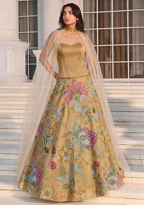 Golden Embroidered Organza Lehenga Set