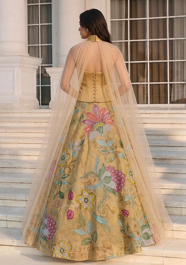 Golden Embroidered Organza Lehenga Set - Indya