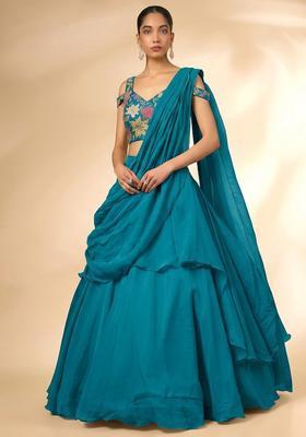 Teal Printed Crepe Lehenga Set