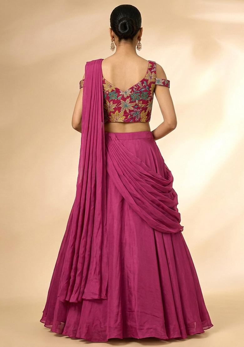 Pink Printed Crepe Lehenga Set - Indya